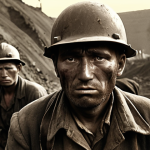 **Image Prompt:** A sepia-toned photograph reminiscent of 1940s Poland. Weary faces of Polish workers in a coal mine, dust-covered and exhausted, representing the hardship of forced labor during wartime. In the background, a faint silhouette of a Japanese flag to subtly connect the scene to the broader context of forced labor during imperial times. The overall mood should be somber and reflective, emphasizing the human cost.