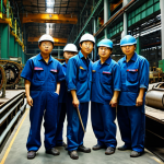 A group of Korean laborers, fully clothed in durable, modest work uniforms, engaged in industrial work within a dimly lit, vast factory hall. The scene emphasizes heavy machinery and the scale of the operation, with figures shown in natural, industrious poses. The atmosphere conveys the challenging conditions of the era, focusing on the historical context of resource extraction. Professional photography, high detail, perfect anatomy, correct proportions, well-formed hands, proper finger count, natural body proportions, safe for work, appropriate content, fully clothed, professional, family-friendly.