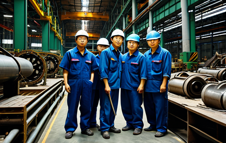 A group of Korean laborers, fully clothed in durable, modest work uniforms, engaged in industrial work within a dimly lit, vast factory hall. The scene emphasizes heavy machinery and the scale of the operation, with figures shown in natural, industrious poses. The atmosphere conveys the challenging conditions of the era, focusing on the historical context of resource extraction. Professional photography, high detail, perfect anatomy, correct proportions, well-formed hands, proper finger count, natural body proportions, safe for work, appropriate content, fully clothed, professional, family-friendly.