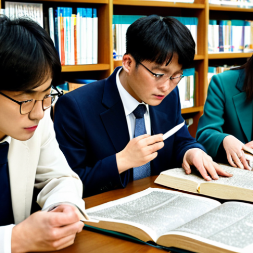 Home 7 A group of young professional Korean historians and students, fully clothed in modest contemporary attire, gathered in a bright, modern university library, respectfully examining ancient texts and historical maps. Their expressions are thoughtful and focused, representing a deep connection to their past and the preservation of cultural heritage. Perfect anatomy, correct proportions, natural pose, well-formed hands, proper finger count, natural body proportions, professional photography, high quality, safe for work, appropriate content, family-friendly.