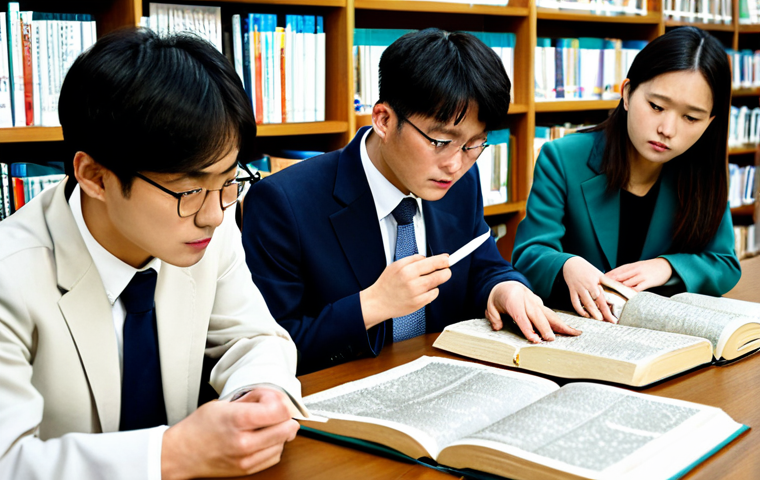 A group of young professional Korean historians and students, fully clothed in modest contemporary attire, gathered in a bright, modern university library, respectfully examining ancient texts and historical maps. Their expressions are thoughtful and focused, representing a deep connection to their past and the preservation of cultural heritage. Perfect anatomy, correct proportions, natural pose, well-formed hands, proper finger count, natural body proportions, professional photography, high quality, safe for work, appropriate content, family-friendly.