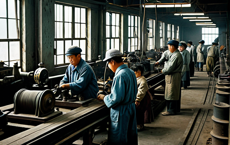 **

"Dusty factory interior, circa 1930s, showing Korean laborers in modest, worn work clothes operating heavy machinery. The environment is dimly lit with shafts of light illuminating the hardworking figures.  Safe for work, fully clothed, appropriate content, professional, perfect anatomy, natural proportions, muted color palette, historical setting, industrial environment."

**