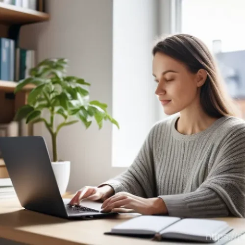 일제하 산업 전환기와 근무의 변화 - A contemporary Polish woman, aged 28-35, with a serene expression, sitting comfortably at a stylish,...