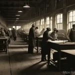 일제 강점기 근로자의 생활 방편 - **Prompt 1: "A gritty, sepia-toned photograph depicting a bustling factory floor in Łódź, Poland, du...