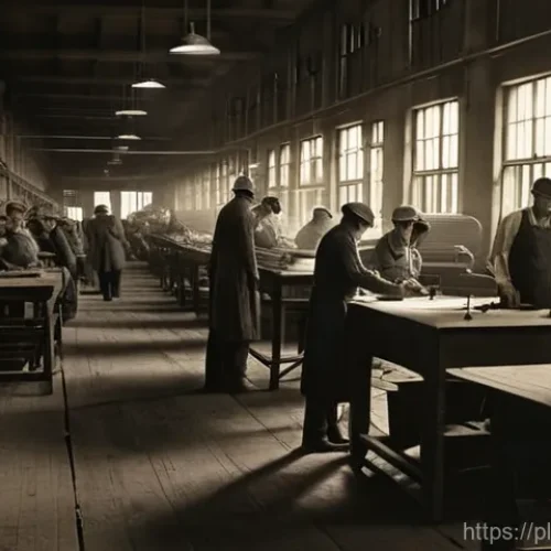 일제 강점기 근로자의 생활 방편 - **Prompt 1: "A gritty, sepia-toned photograph depicting a bustling factory floor in Łódź, Poland, du...