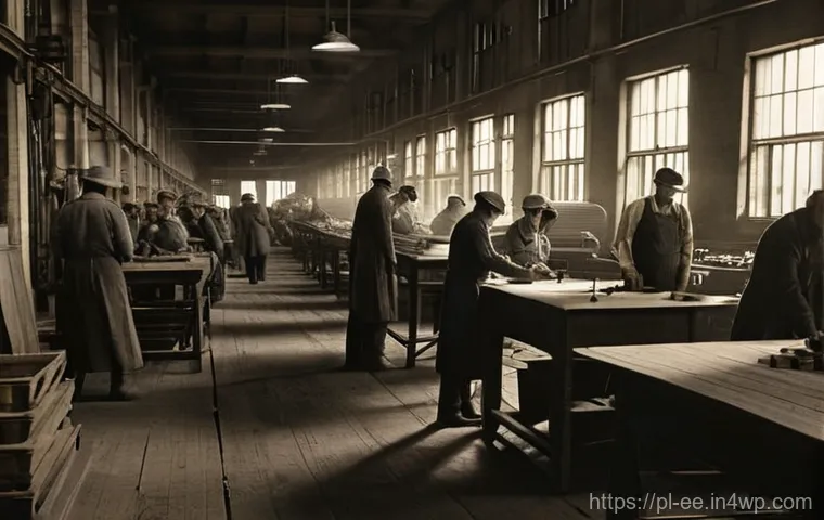 일제 강점기 근로자의 생활 방편 - **Prompt 1: "A gritty, sepia-toned photograph depicting a bustling factory floor in Łódź, Poland, du...