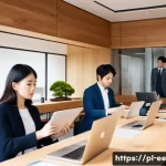 일제 근무와 한국의 전통 노동 관념 - **Japanese Ikigai and Wa in a Collaborative Workspace**
    A bright, modern Japanese office interio...