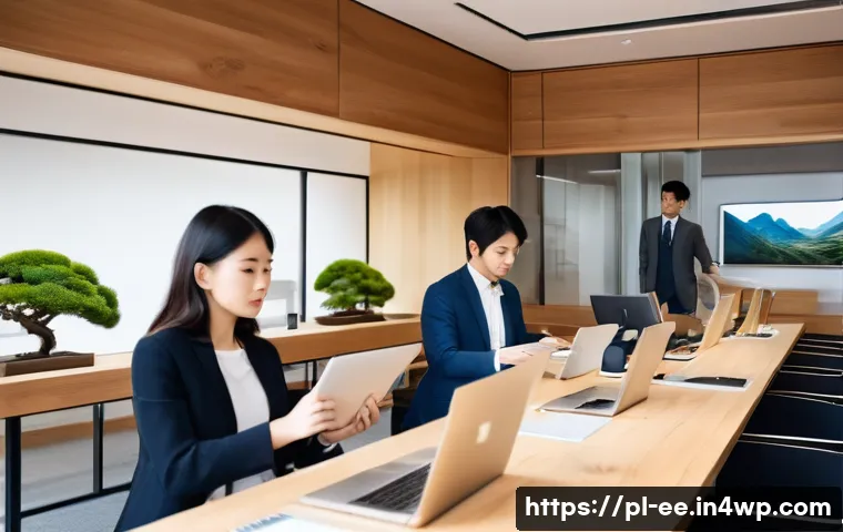 일제 근무와 한국의 전통 노동 관념 - **Japanese Ikigai and Wa in a Collaborative Workspace**
A bright, modern Japanese office interio...