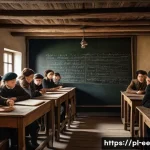 일제하 근무와 청년 세대의 역할 - A detailed scene of Polish youth during WWII secretly attending an underground classroom in a dimly ...