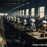 Home 22 일제하 근무 환경과 생활의 질 - A crowded wartime factory under Japanese occupation in 1940s Poland, dimly lit with dusty air and mi...