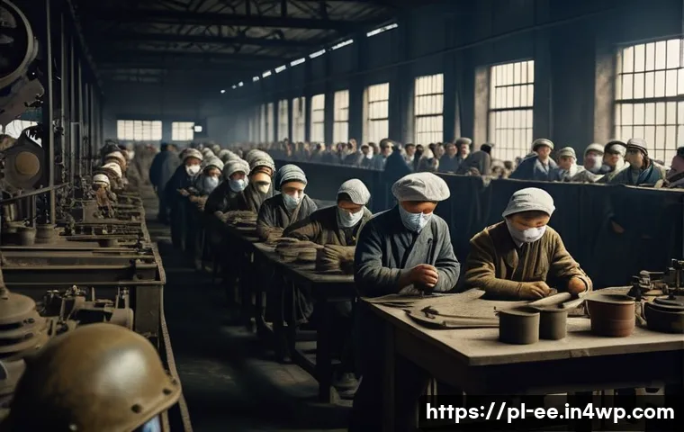 일제하 근무 환경과 생활의 질 - A crowded wartime factory under Japanese occupation in 1940s Poland, dimly lit with dusty air and mi...