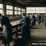 Home 21 일제하 노동자의 직업 선택 - A detailed scene depicting Polish workers during the Japanese occupation, showing a factory environm...