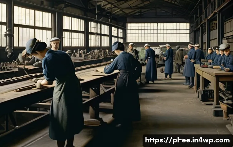 일제하 노동자의 직업 선택 - A detailed scene depicting Polish workers during the Japanese occupation, showing a factory environm...