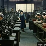 Home 19 일제 강점기 근로자의 권리와 의무 - A detailed scene inside a 1940s Polish factory under Japanese occupation, showing male and female wo...