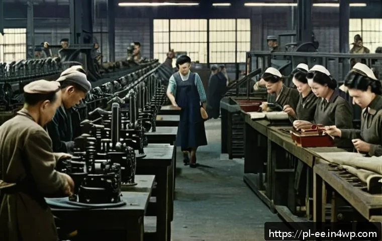 일제 강점기 근로자의 권리와 의무 - A detailed scene inside a 1940s Polish factory under Japanese occupation, showing male and female wo...