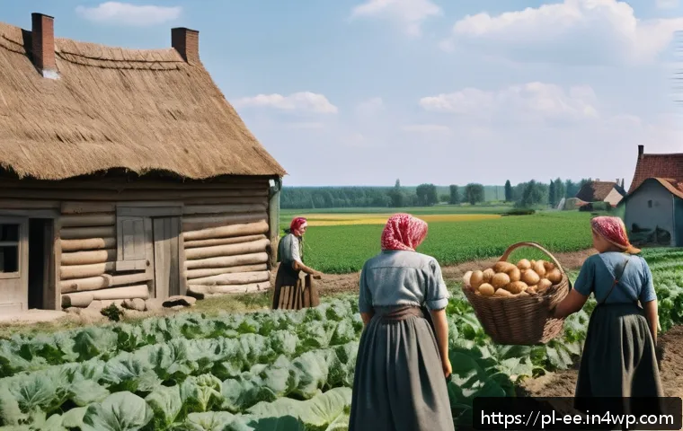 일제 근무와 한국의 주민 생활 - A detailed historical scene depicting Polish rural life under German occupation during World War II:...