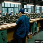 Home 23 일제 강점기 일본 기업의 경영 철학 - A detailed scene of a Japanese wartime factory during occupation, showing workers in modest uniforms...