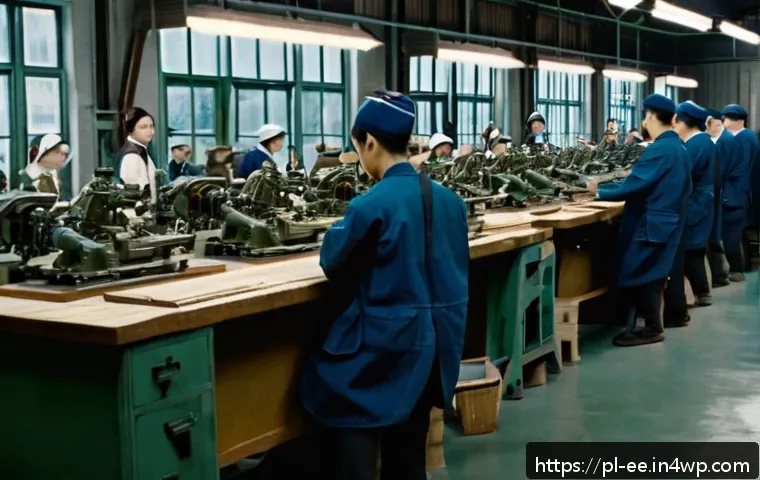 일제 강점기 일본 기업의 경영 철학 - A detailed scene of a Japanese wartime factory during occupation, showing workers in modest uniforms...