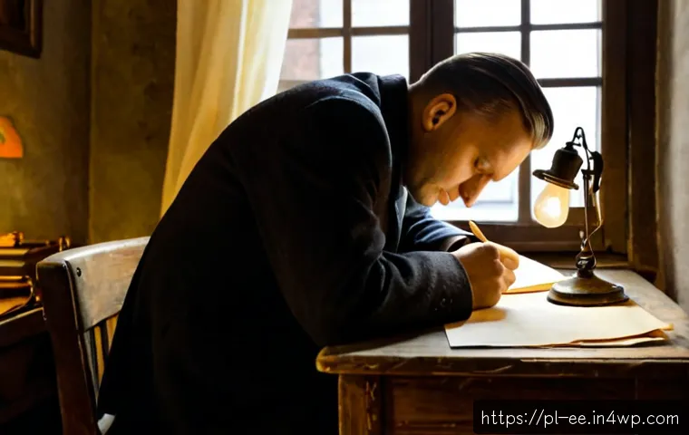 Home 17 일제하 지식인의 근무 현실 - Photorealistic 1940s occupied Poland, a weary intellectual in modest formal clothing working late at...